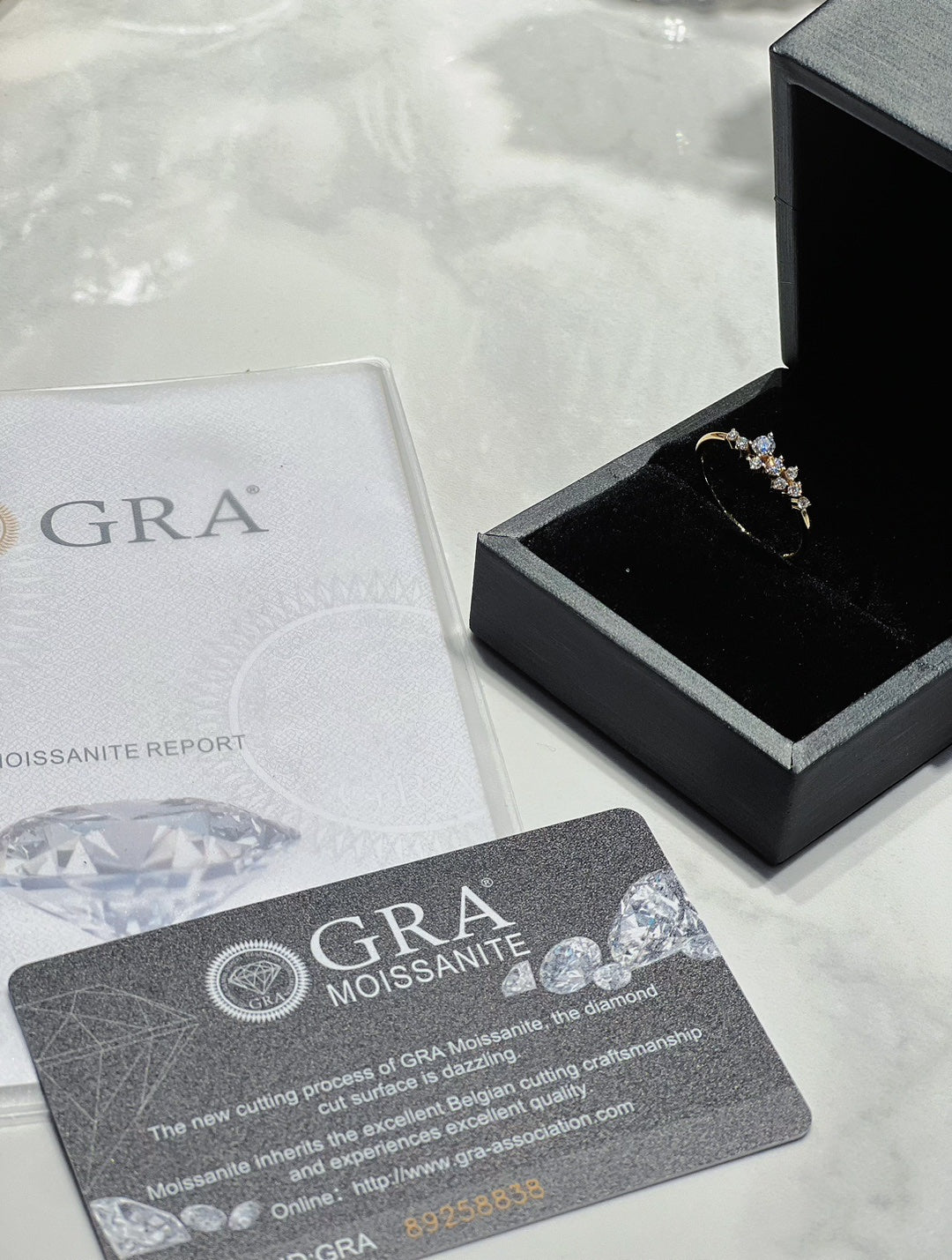 Complete Moissanite Engagement Ring Packaging - Includes Ring Box, Certificate, and Accessories