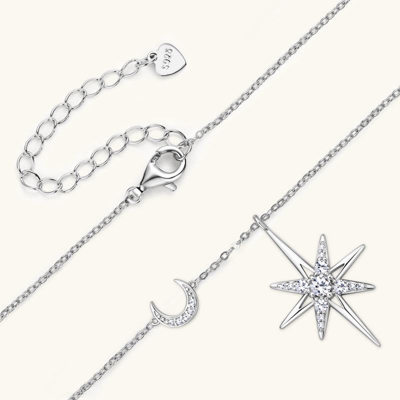 Celestial Moissanite Star & Moon Necklace in 925 Sterling Silver